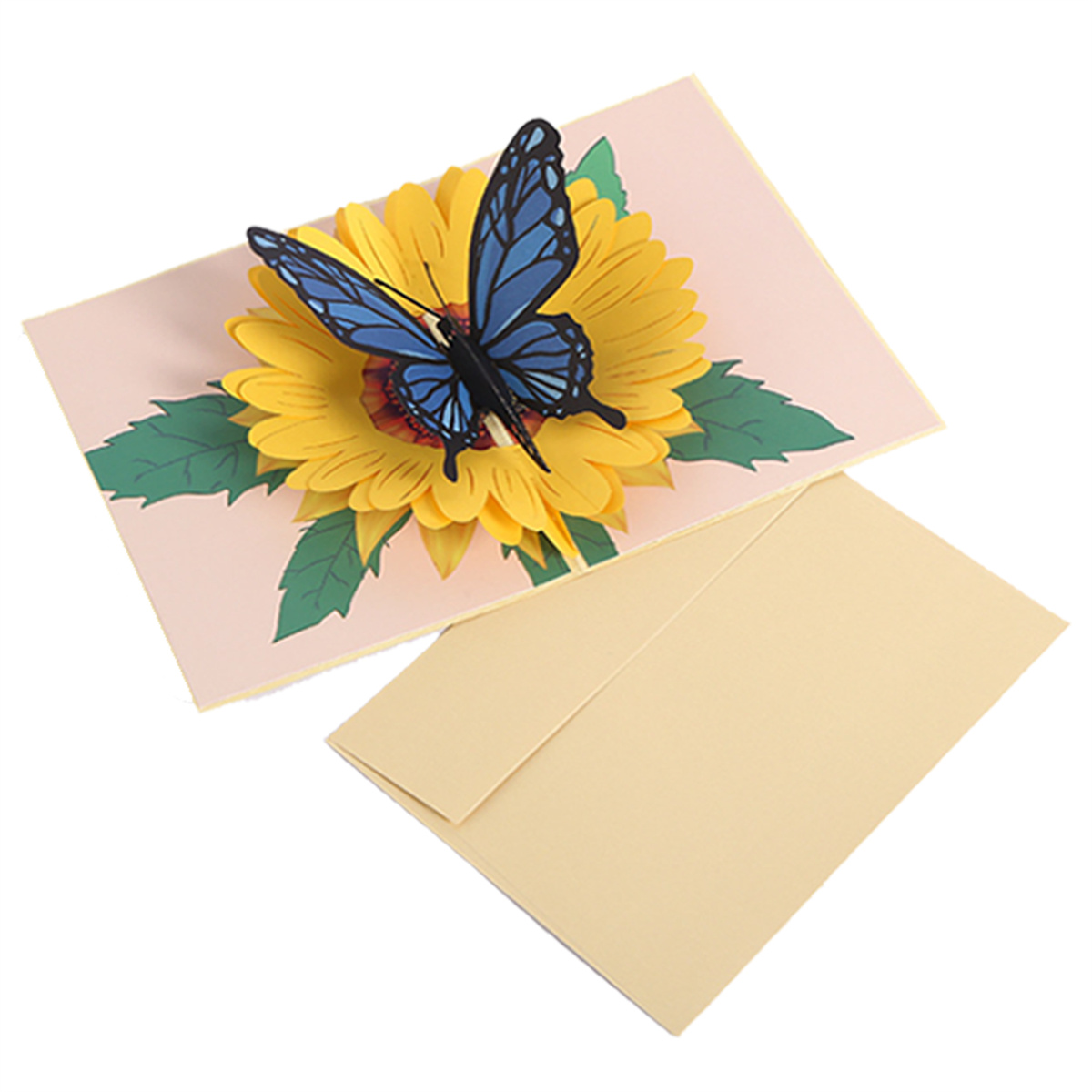 Eine 3D-Pop-up-Karte mit einem Schmetterling auf einer Sonnenblume, mit Umschlag.