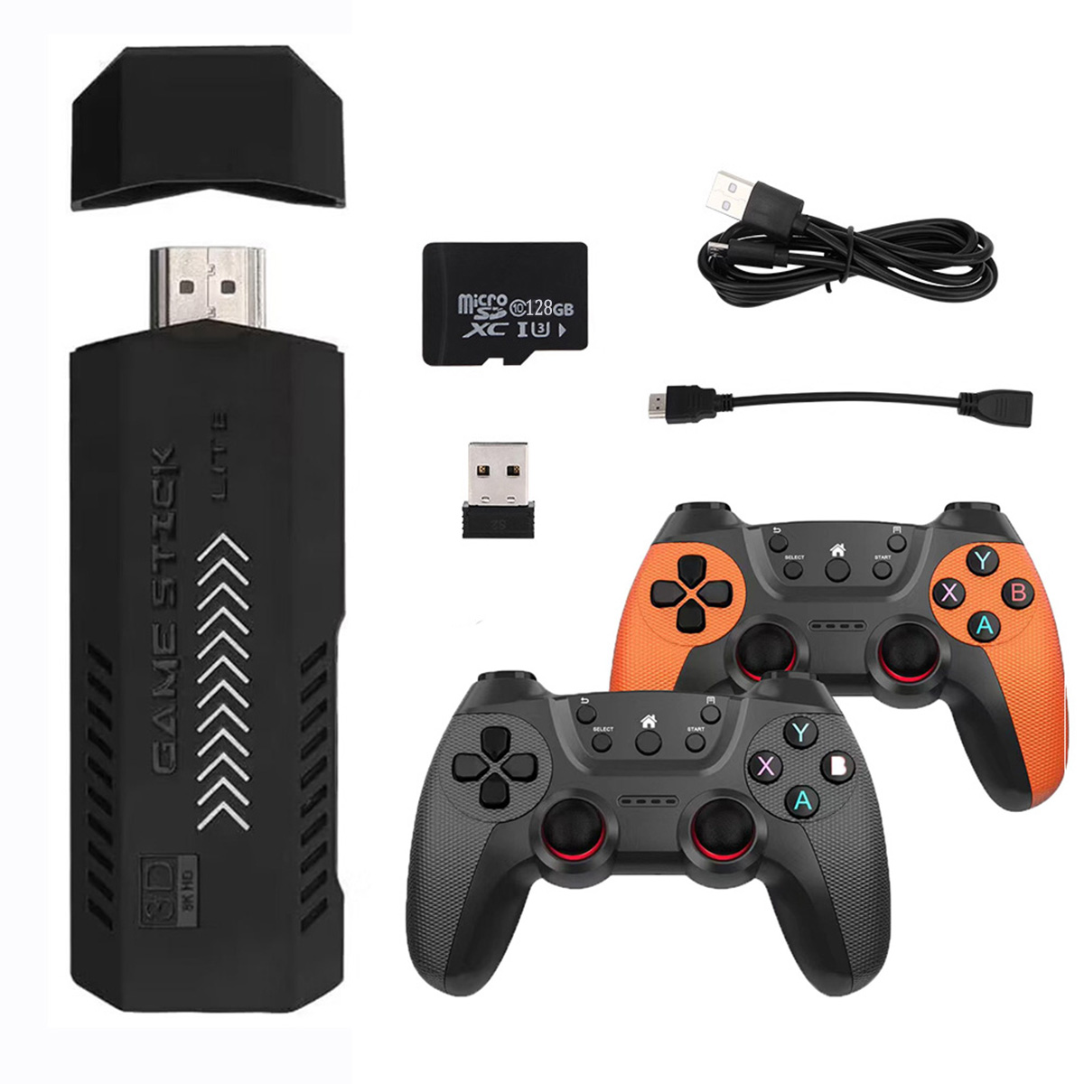 Game Stick mit Controllern, Adapter, USB-Kabel und weiteren Komponenten auf weißem Grund.