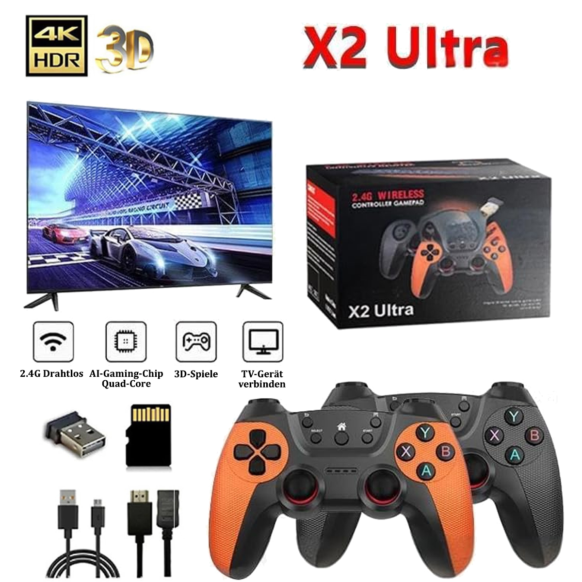 Fernseher, Gamecontroller und Zubehör, darunter ein Gamepad und Kabel.