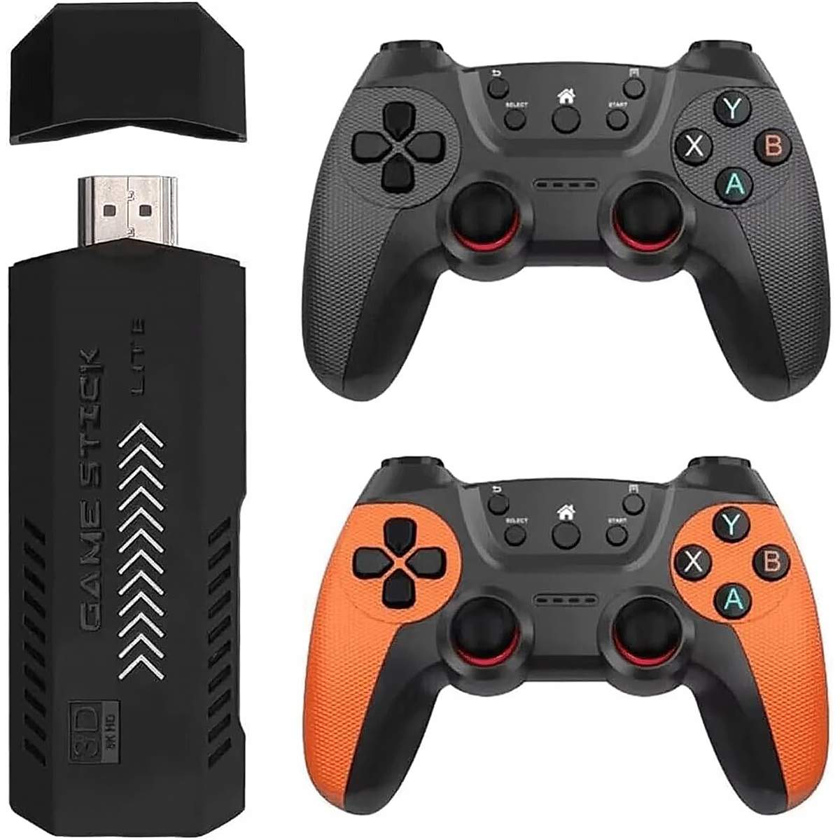 Zwei Gamecontroller. Einer schwarz, einer schwarz mit orange. Plus ein Game-Stick.
