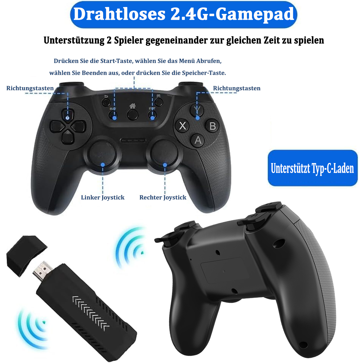 Schwarzes Gamepad mit Etiketten, Empfänger und Diagramm des Gamepads.
