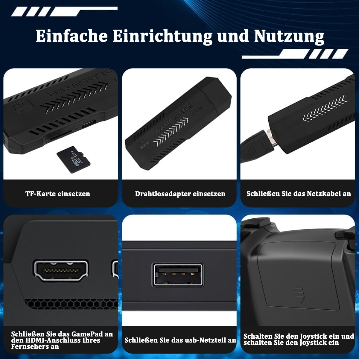 Eine Reihe von sechs Bildern mit Anweisungen zur Einrichtung eines Game Sticks, mit deutschem Text.