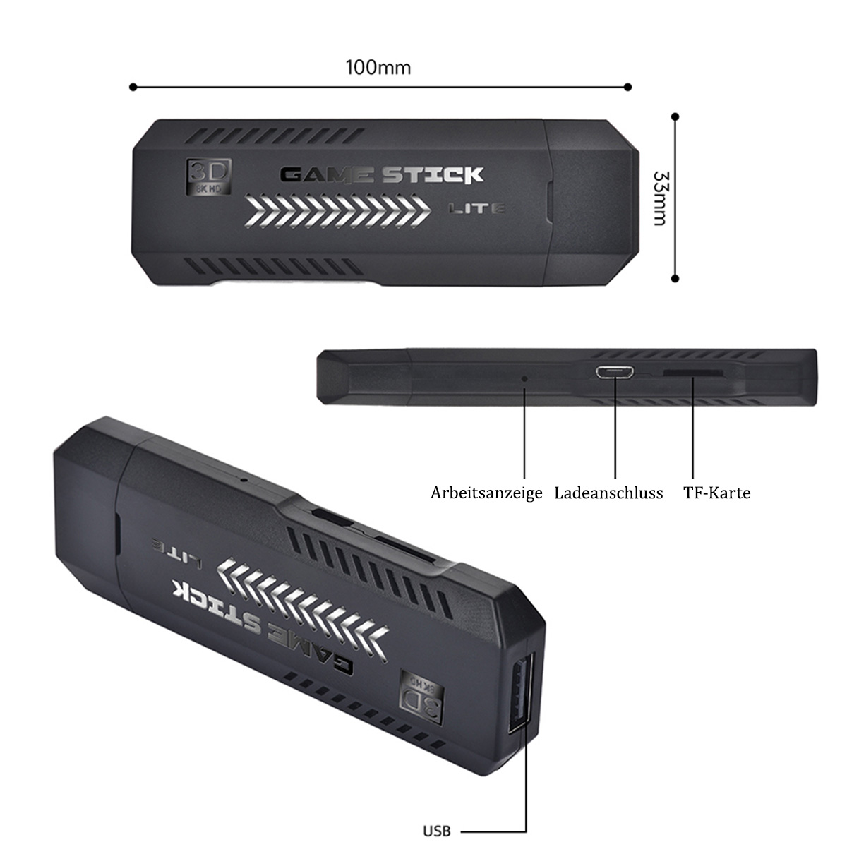 Ein schwarzer Game-Stick mit Abmessungen, USB-Anschluss und TF-Kartensteckplatz. Weißer Hintergrund.