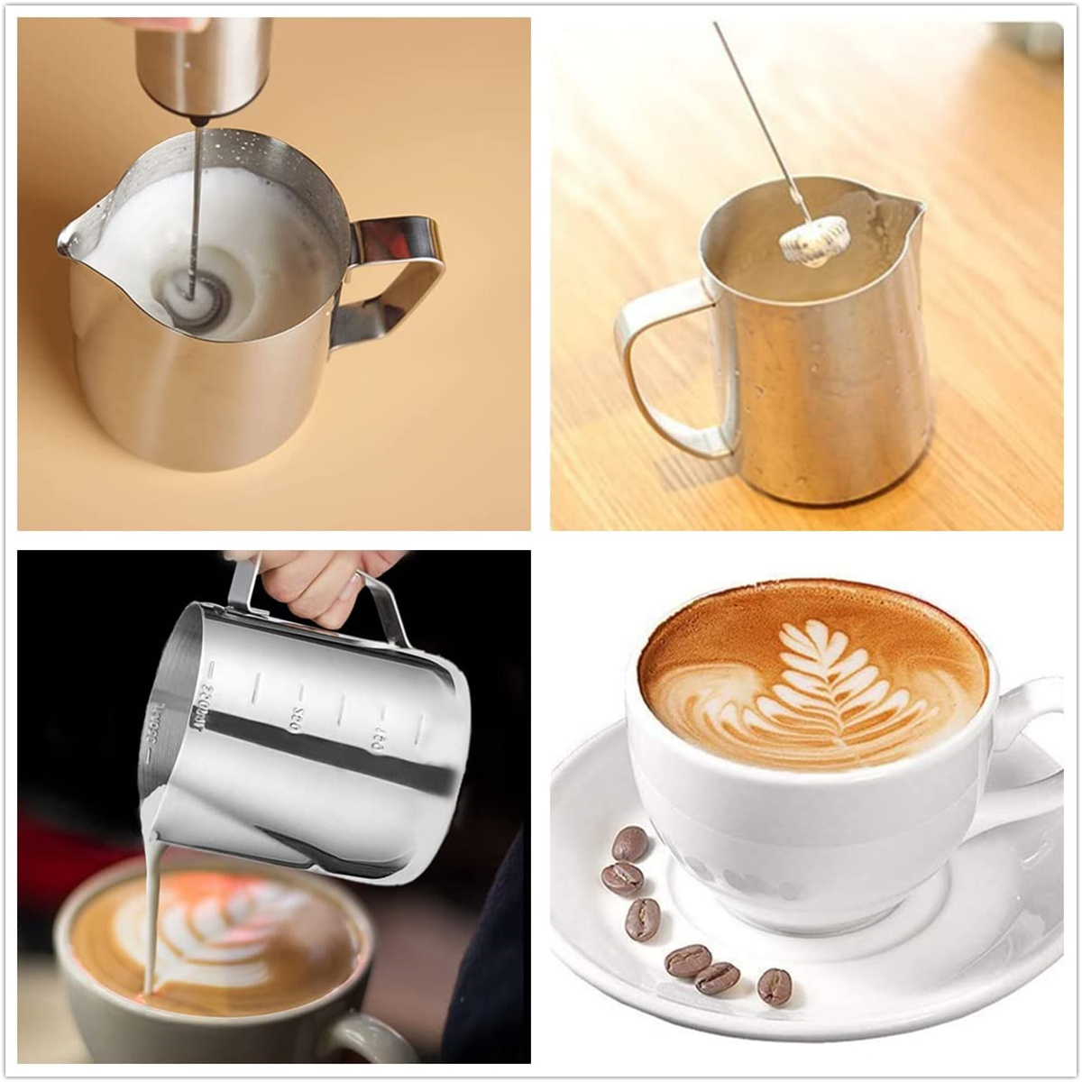 Vier Bilder zeigen Milchaufschäumen, Eingießen und Kaffee mit Latte Art.