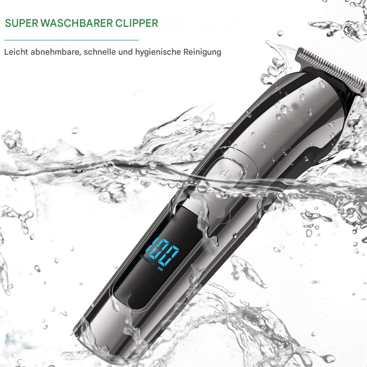 Elektrischer Haarschneider im Wasser. Der Bildschirm zeigt die Zahl 100. Text: 'SUPER WASCHBARER CLIPPER'.