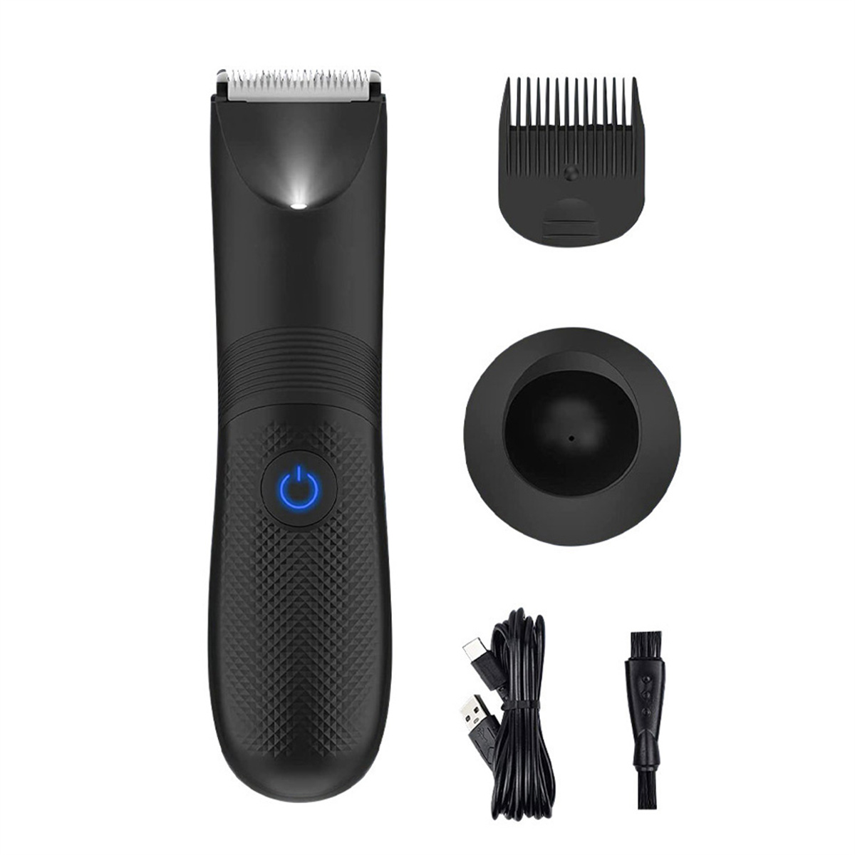 Schwarzer Bodygroomer mit blauem Einschaltknopf, Ladestation und Zubehör.