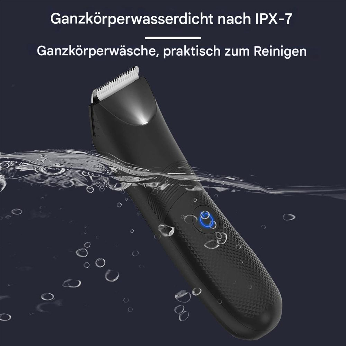Schwarzer Elektrorasierer im Wasser. Blasen um ihn herum. Text oben: Ganzkörperwasserdicht nach IPX-7.