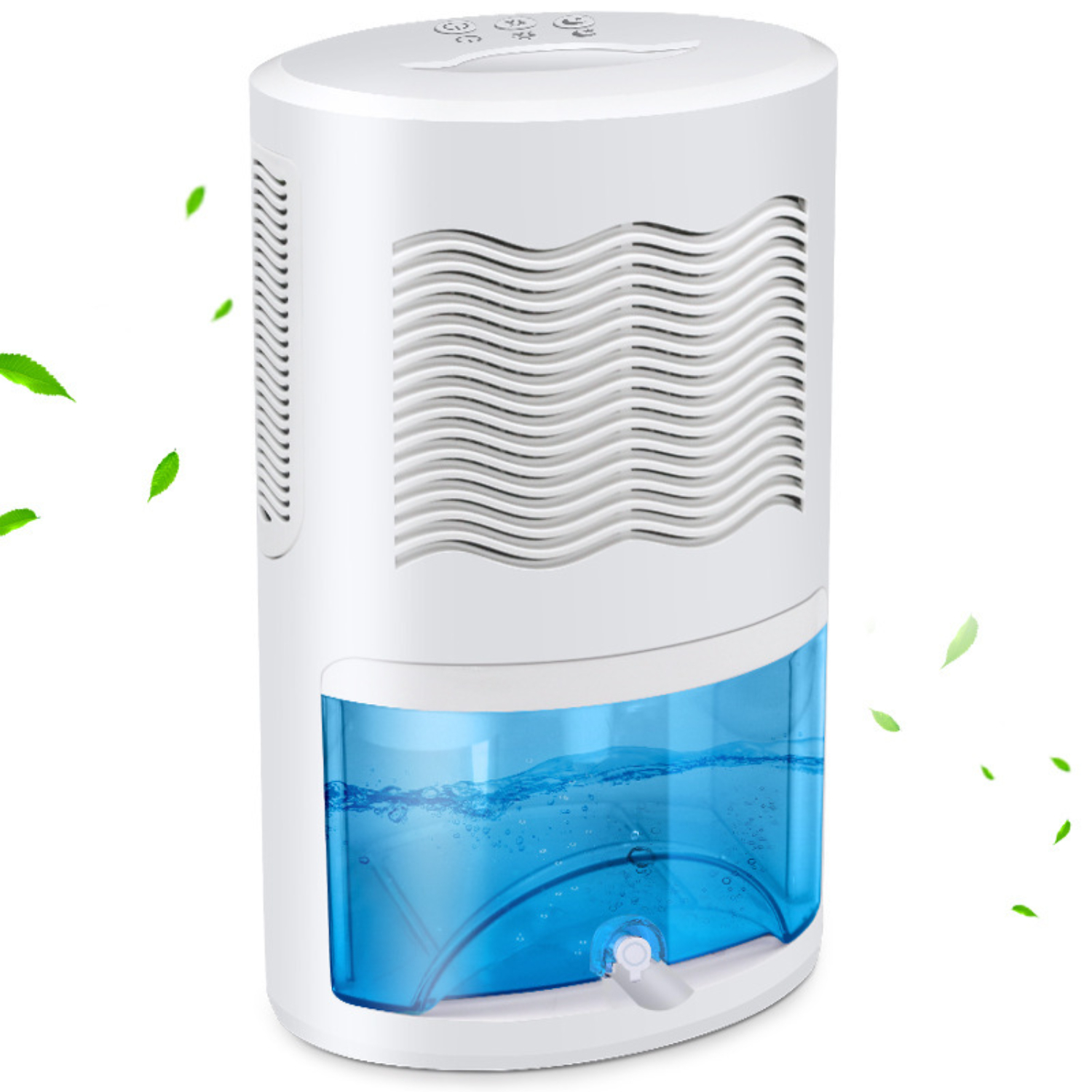 Ein weißer Luftentfeuchter mit blauem Wassertank. Grüne Blätter sind darum herum.