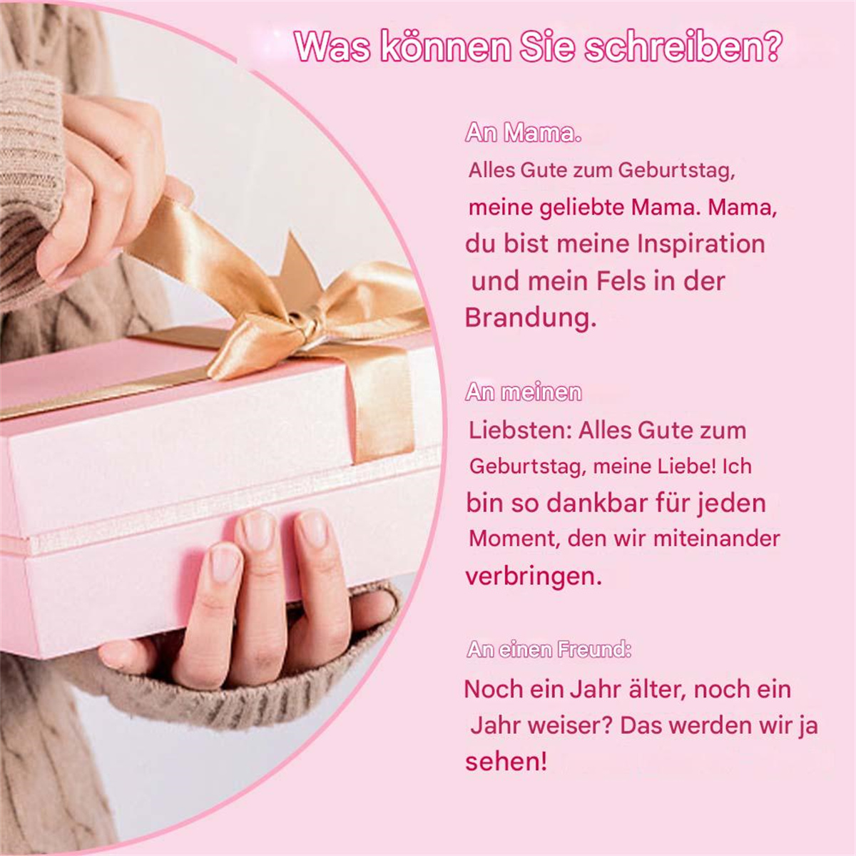 Hände halten eine rosa Geschenkbox mit goldenem Band, mit deutschem Text.