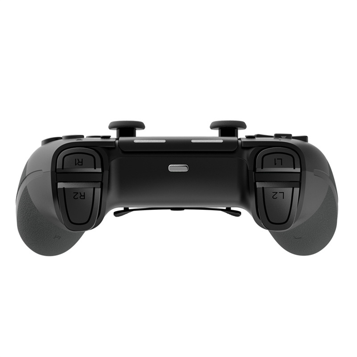 Ein schwarzer Gamecontroller mit Knöpfen, Triggern und Joysticks. Die Rückseite ist zu sehen.