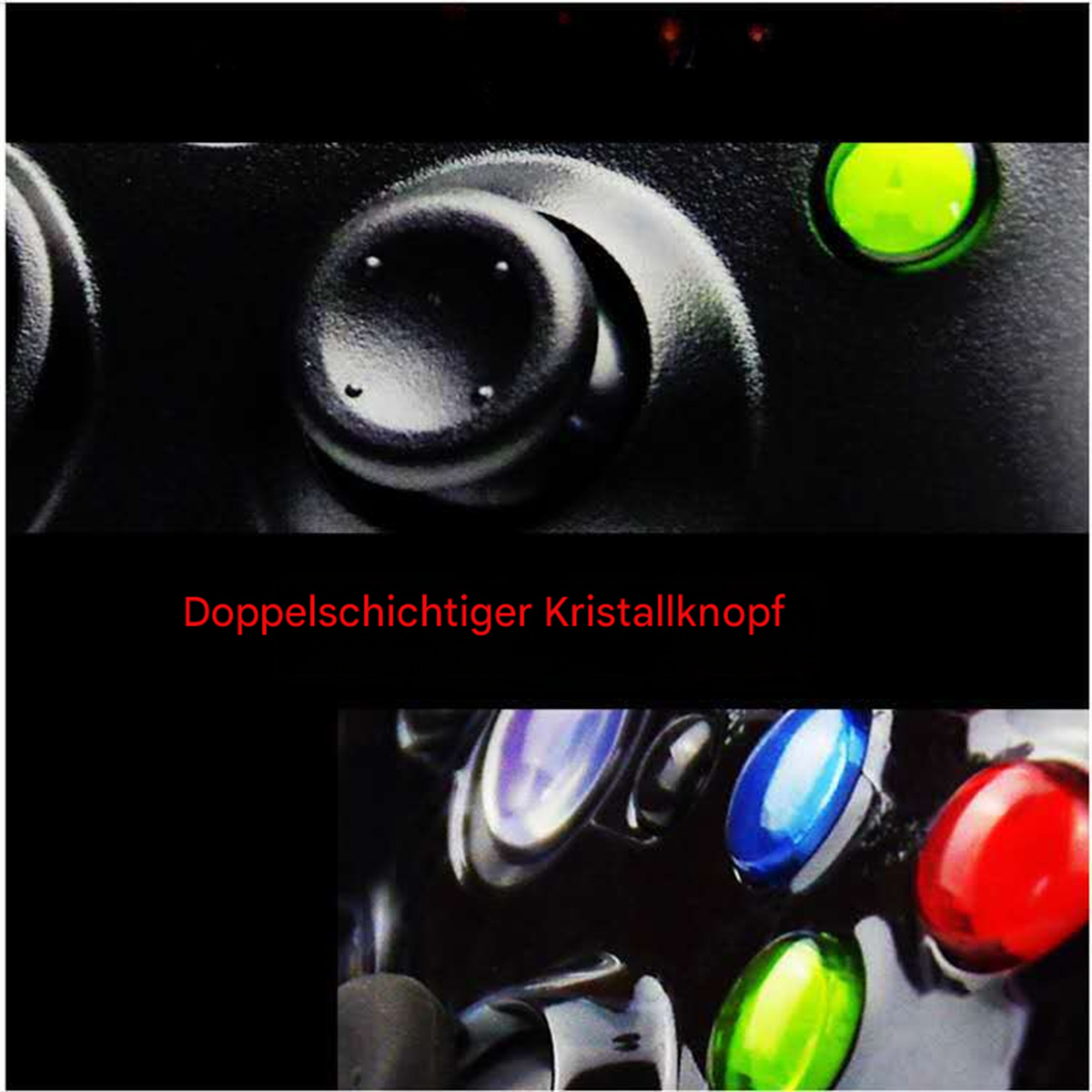 Nahaufnahme eines schwarzen Joysticks mit schwarzer Oberseite und bunten Knöpfen.