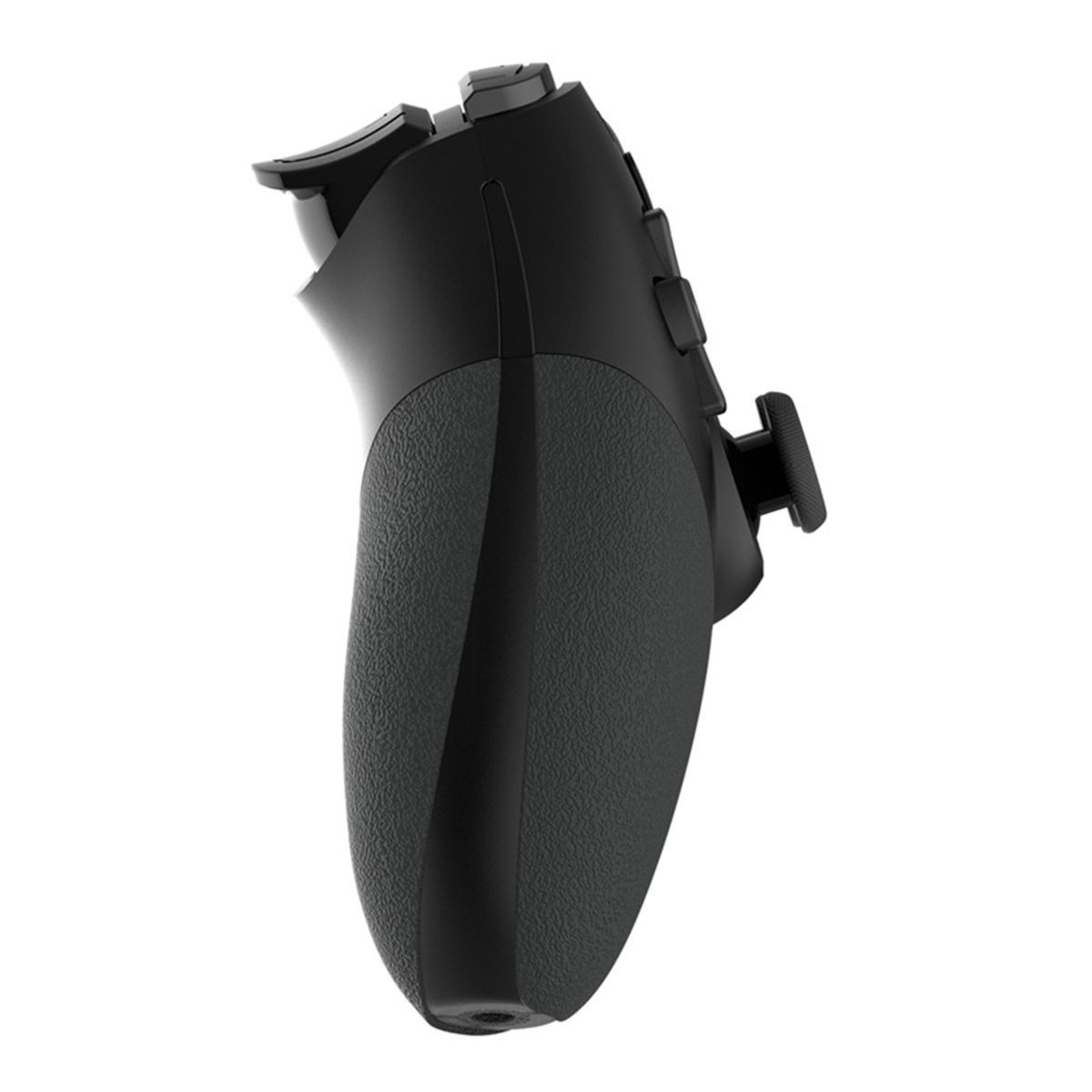Schwarzer Gamecontroller. Seitenansicht zeigt den Griff, die Knöpfe und einen Joystick.