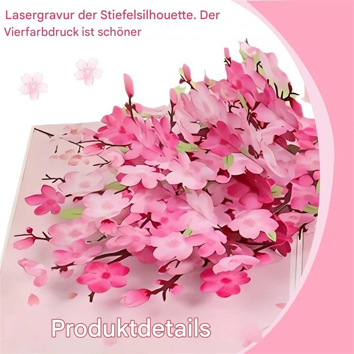 Pinke Pop-up-Karte mit Kirschblüten und dem Text 'Produktdetails'.