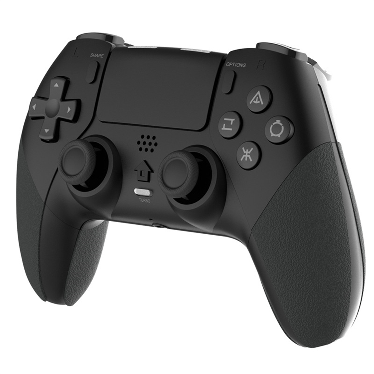 Ein schwarzer Gamecontroller mit Tasten und Joysticks, mit sichtbarer Turbo-Taste. Er hat einen dunkelgrauen Griff.