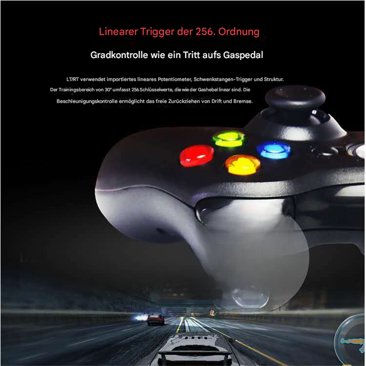 Schwarzer Gamecontroller mit farbigen Tasten, Text und einem Bild eines Autorennen.