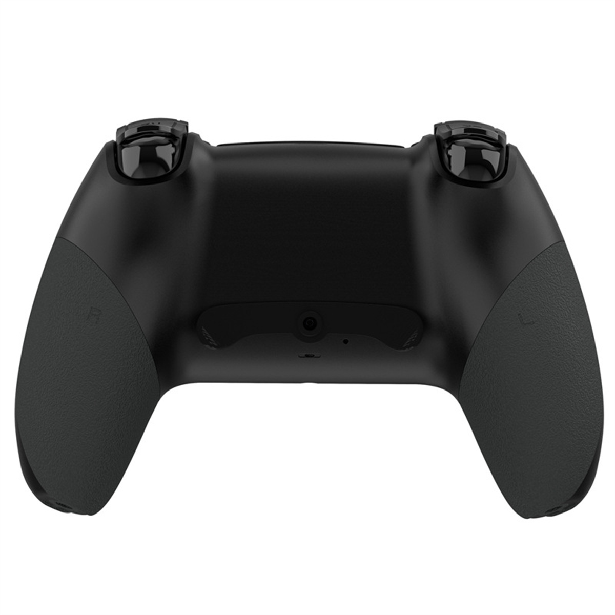 Schwarzer Gamecontroller mit strukturierten Griffen und Knöpfen.