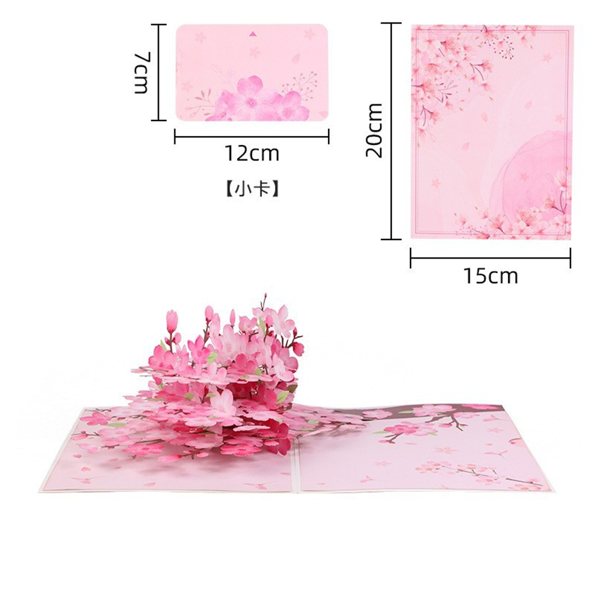 Eine rosa Pop-up-Karte mit Abmessungen. Zeigt eine 3D-Kirschblüten-Szene und eine kleine Karte.