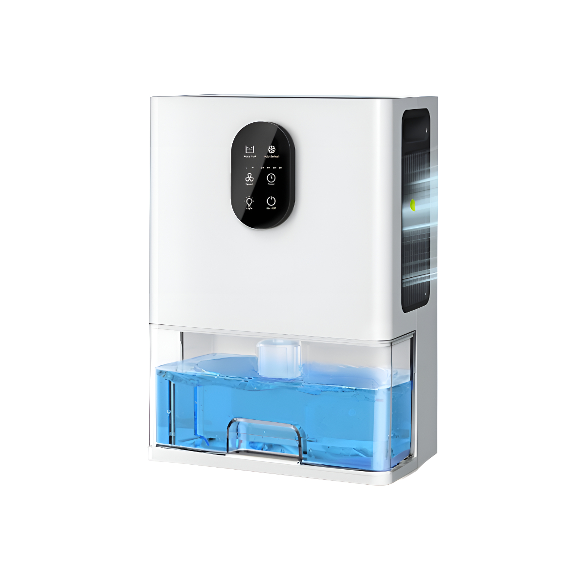 Weißer Luftentfeuchter mit blauem Wasserbehälter. Schwarzes Touchpanel mit Symbolen. Weißer Hintergrund.