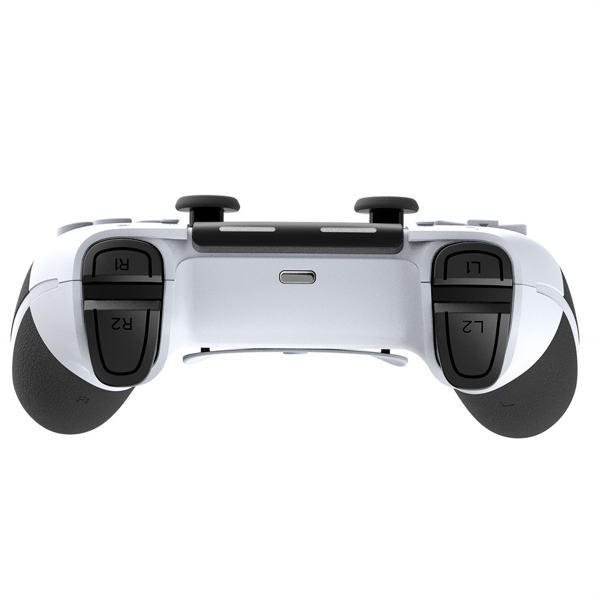 Weißer Gamecontroller mit Knöpfen, Triggern und schwarzen Griffen, Rückansicht.