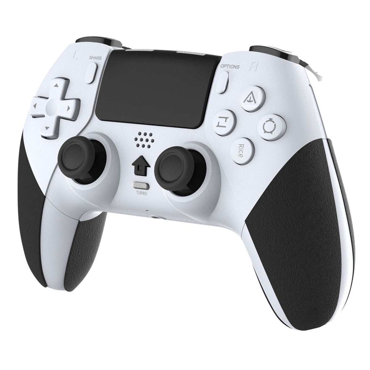 Weiß-schwarzer Gamecontroller mit Turbo-Taste, Share- und Optionstasten.