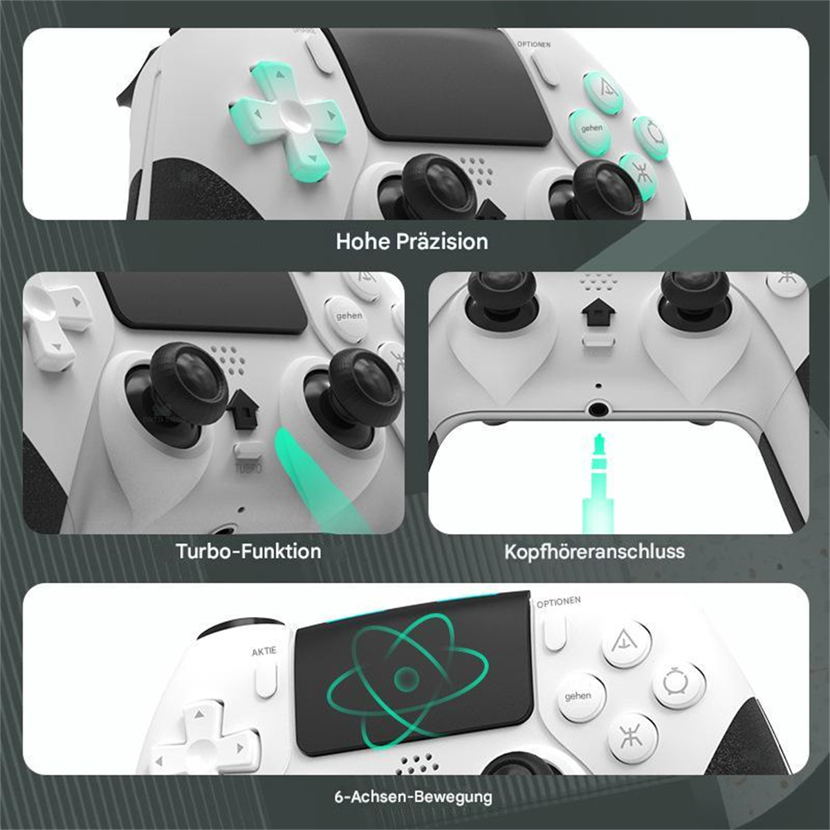 Weiß-schwarzer Gamecontroller mit Details. Mehrere Abschnitte werden mit Details präsentiert.