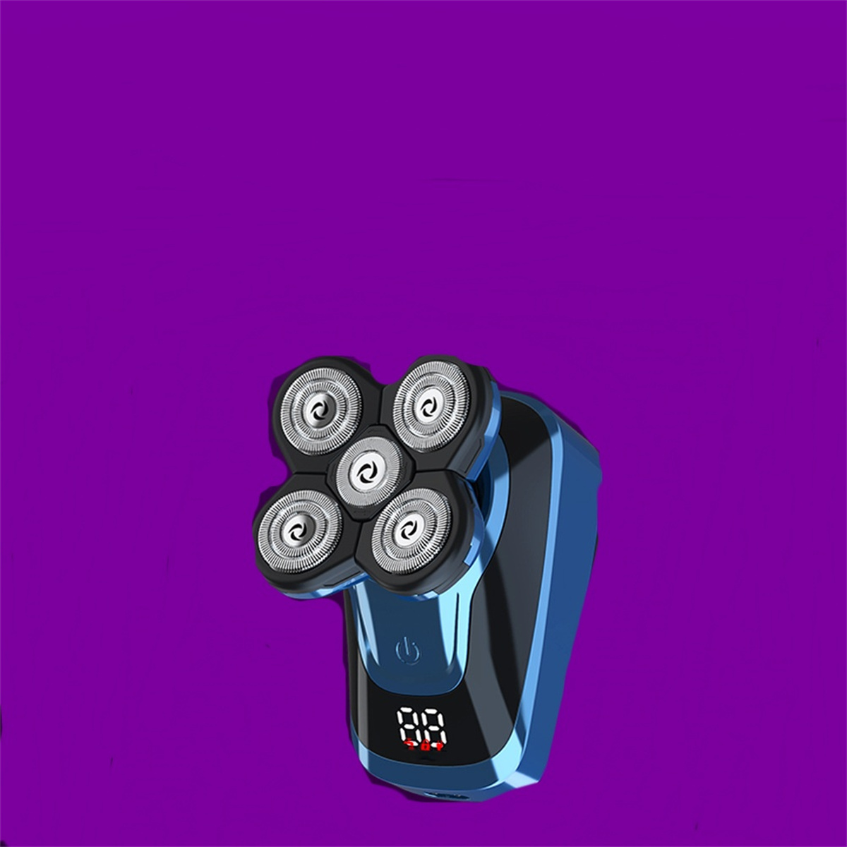 Blauer Elektrorasierer mit fünf rotierenden Köpfen, Digitalanzeige, auf violettem Hintergrund.