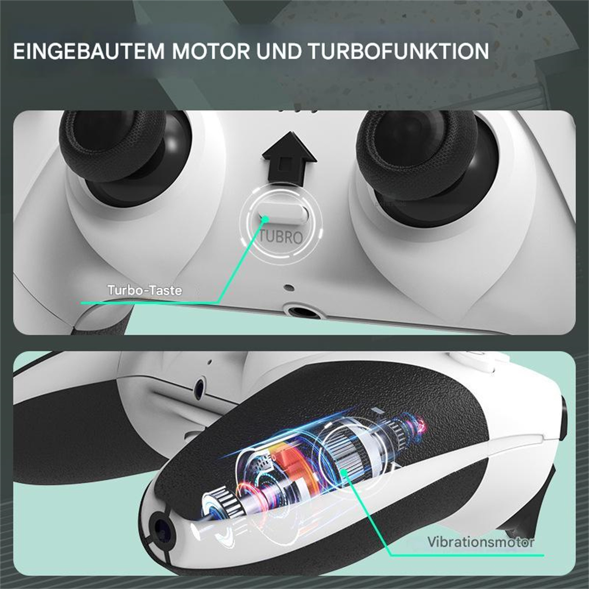 Gamepad-Controller mit Nahaufnahmen der Turbo-Taste und des Vibrationsmotors im Inneren.