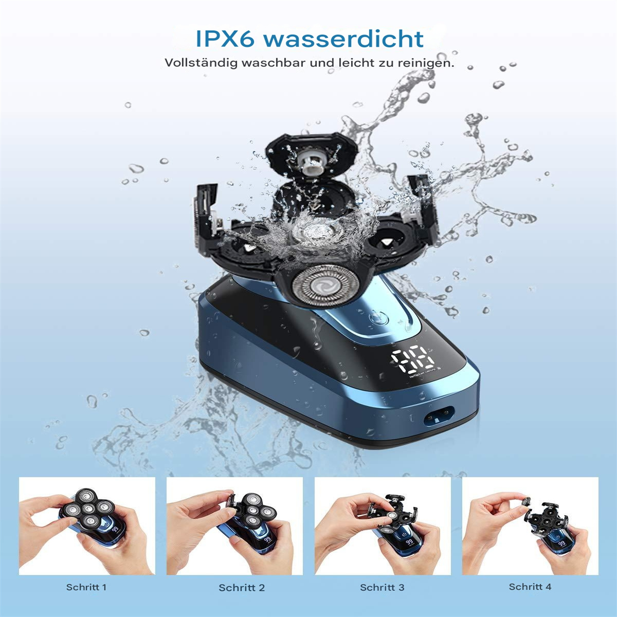 Elektrorasierer in Blau, mit Wasserspritzern und Teilen. Anwendungsschritte gezeigt.