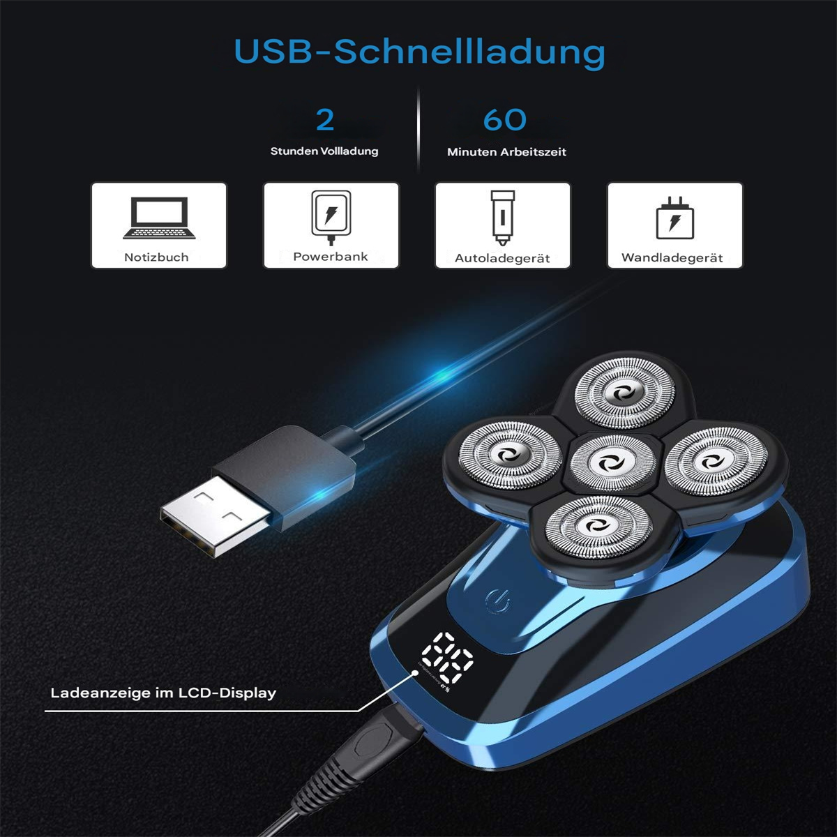Elektrischer Rasierer mit Ladekabel, zeigt Lade- und Arbeitszeit an.