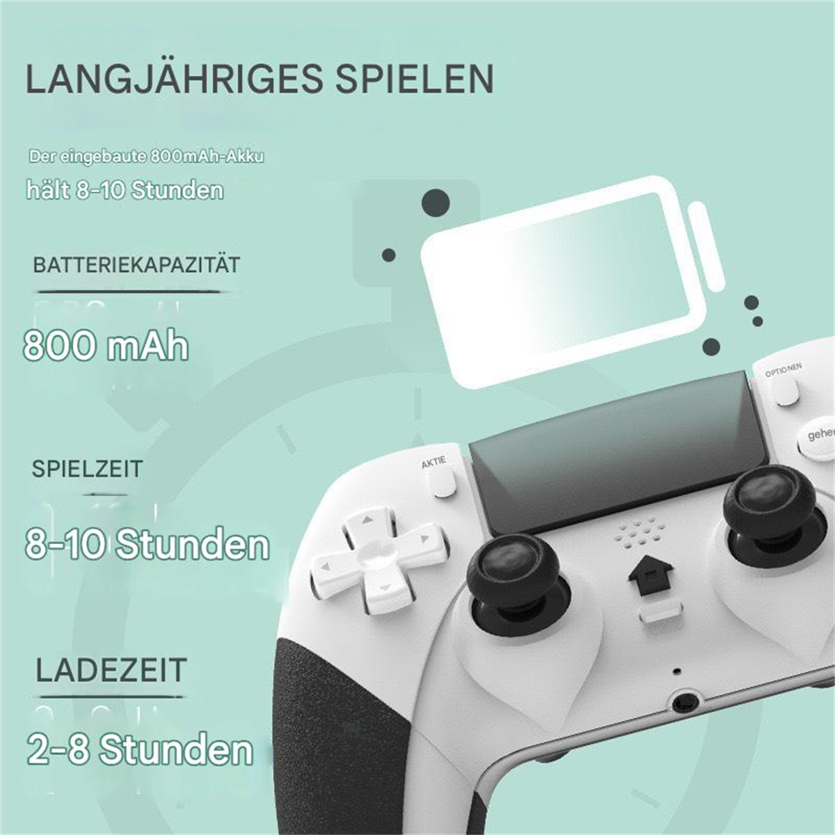 Weißer Gamecontroller mit Text, Batteriekapazität, Spielzeit und Ladezeit-Info.
