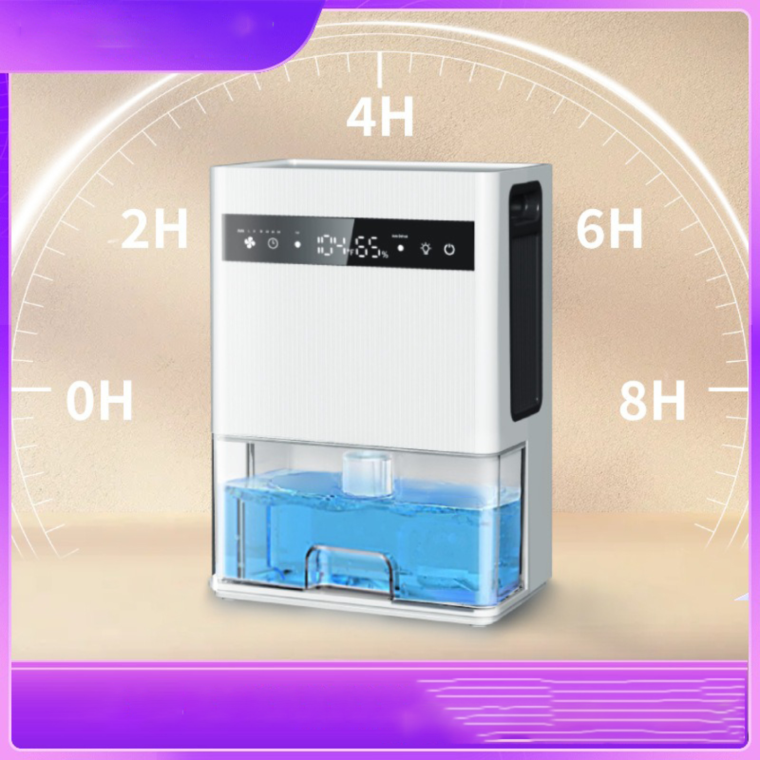 Weißer Luftentfeuchter mit Digitalanzeige, Wassertank und Timer.