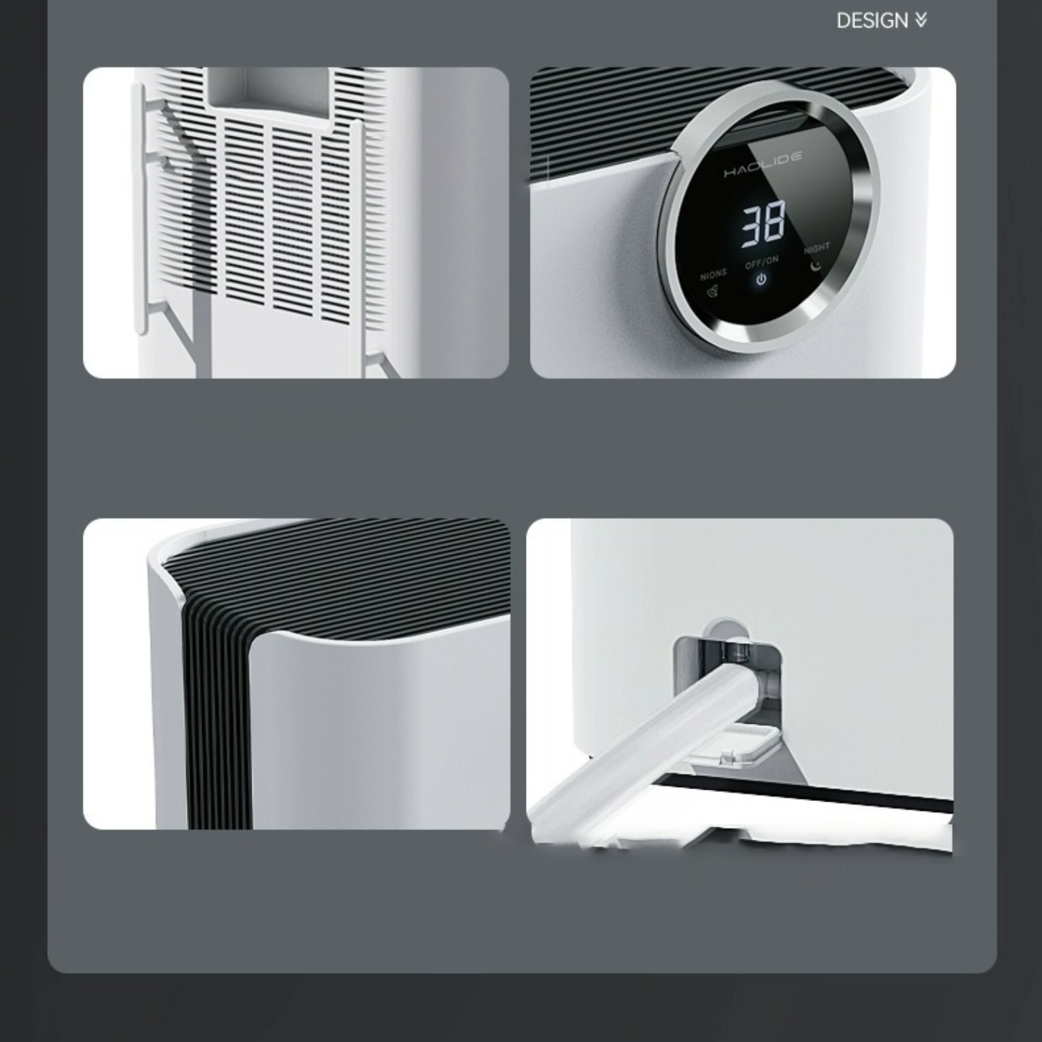 Weiße Luftreinigerdetails mit Display und Lufteinlass. Text: DESIGN.