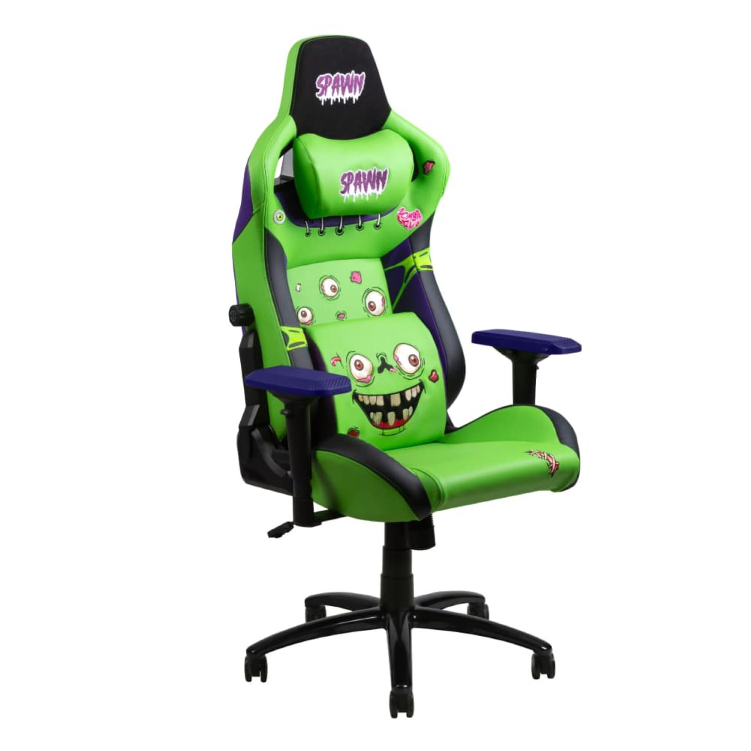 Grüner Gaming-Stuhl mit Zombie-Design. Er hat schwarze und violette Akzente, eine Kopfstütze und Armlehnen.