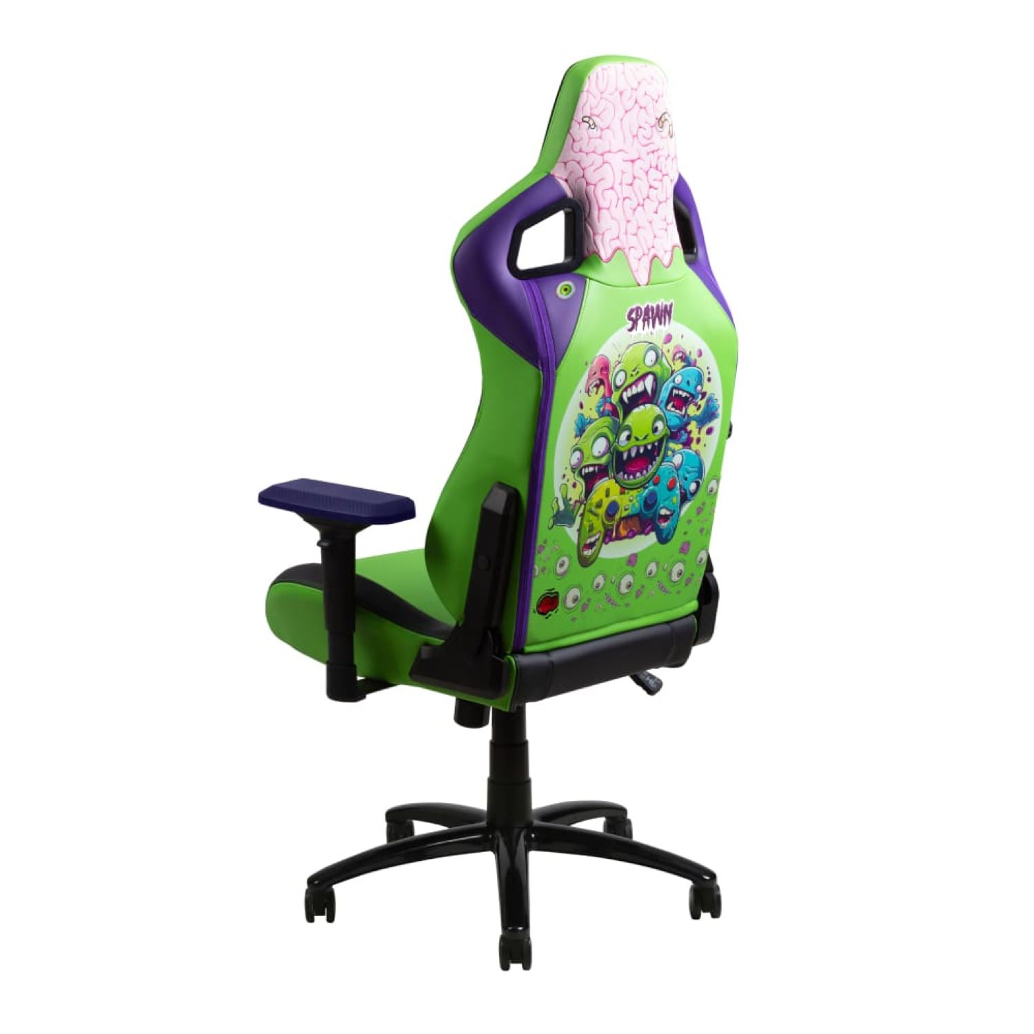 Ein grüner Gaming-Stuhl mit Zombie-Design. Der Stuhl hat schwarze Beine und Armlehnen.