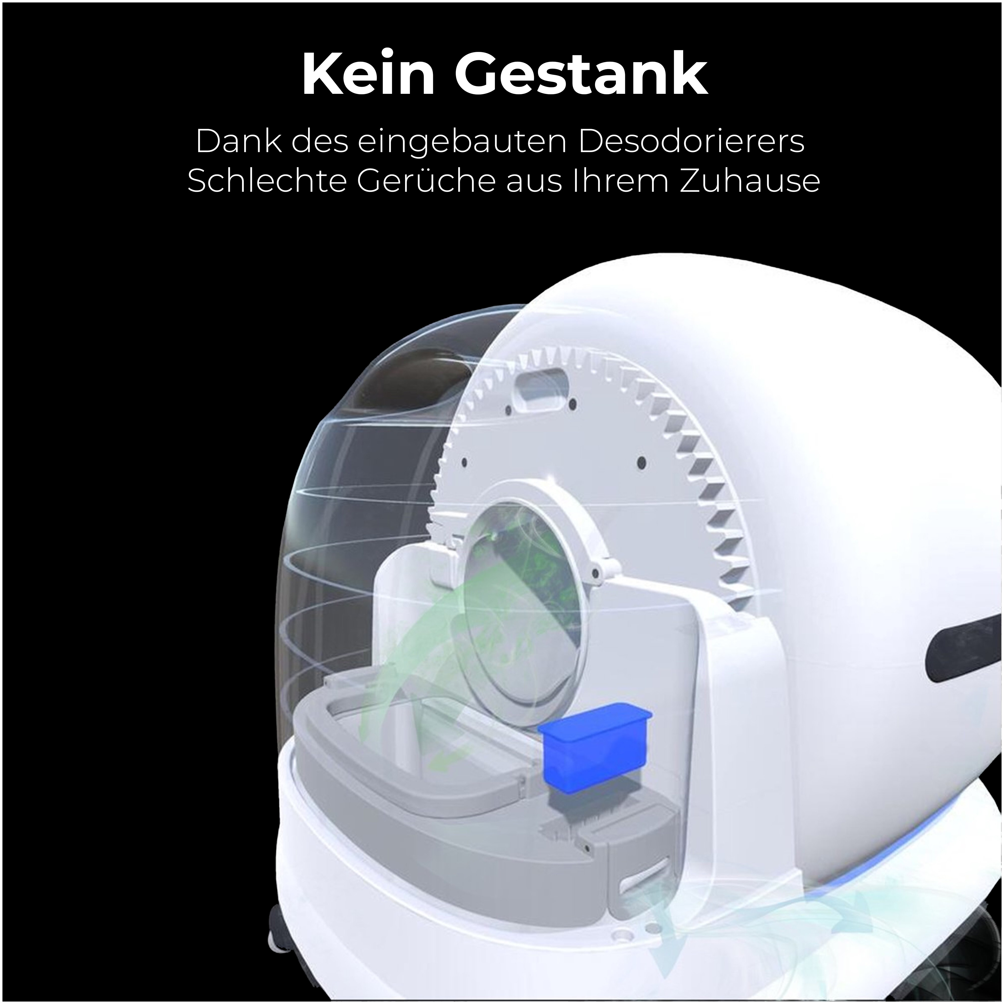 Diagramm einer Haustierabfallentsorgungseinheit mit blauem Behälter. Schwarzer Hintergrund.