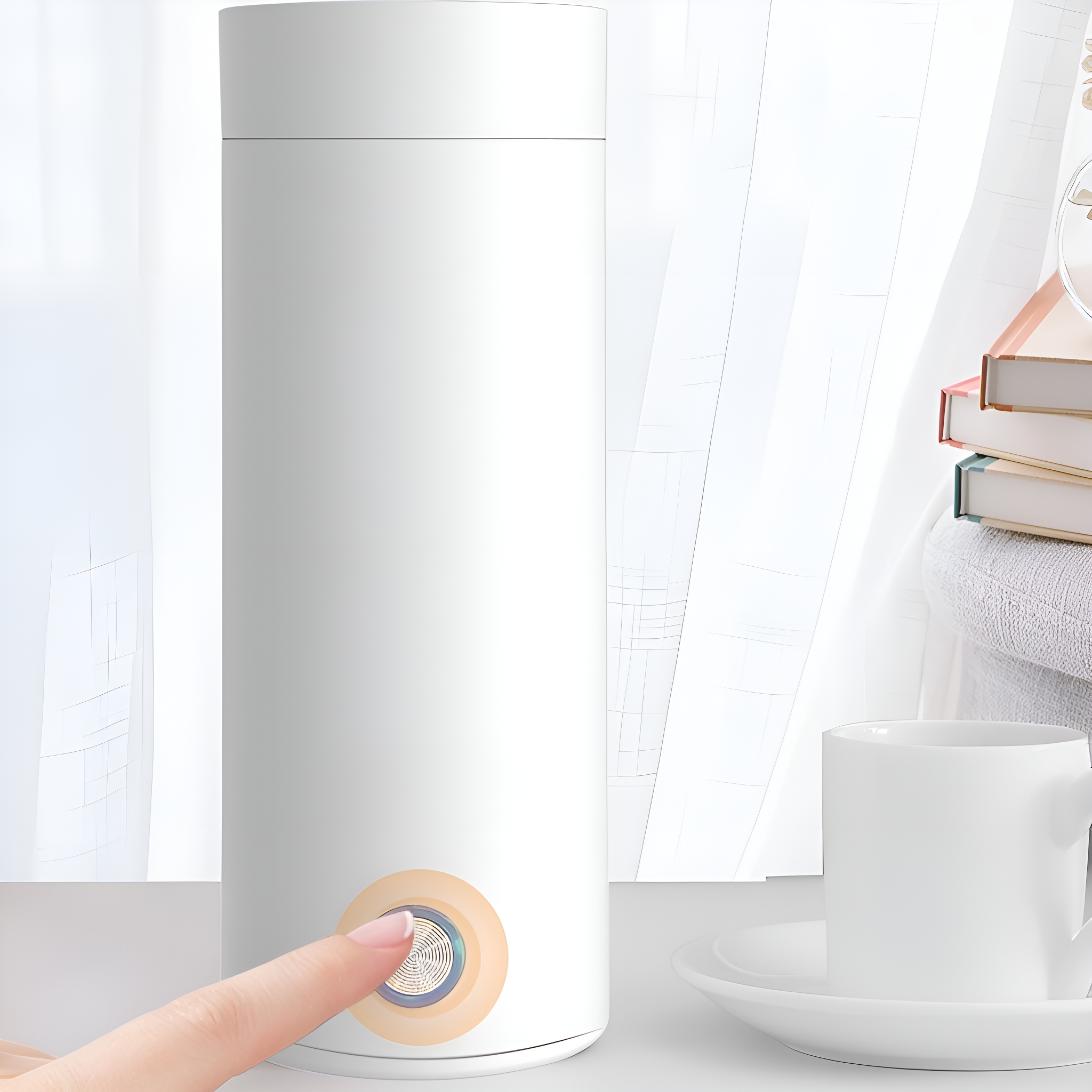 Weißer Thermobecher mit Finger, der einen Knopf drückt, Tasse und Bücher am Fenster.