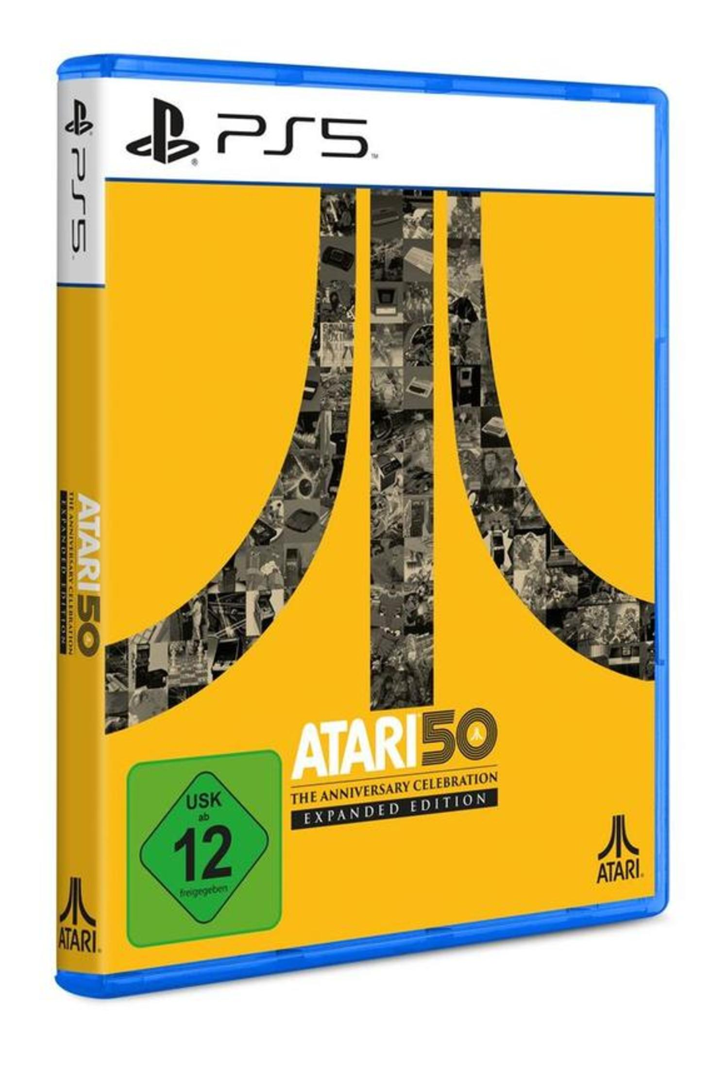 PS5-Spielbox mit gelbem Cover. Titel 'ATARI 50' mit Collage-Hintergrund.