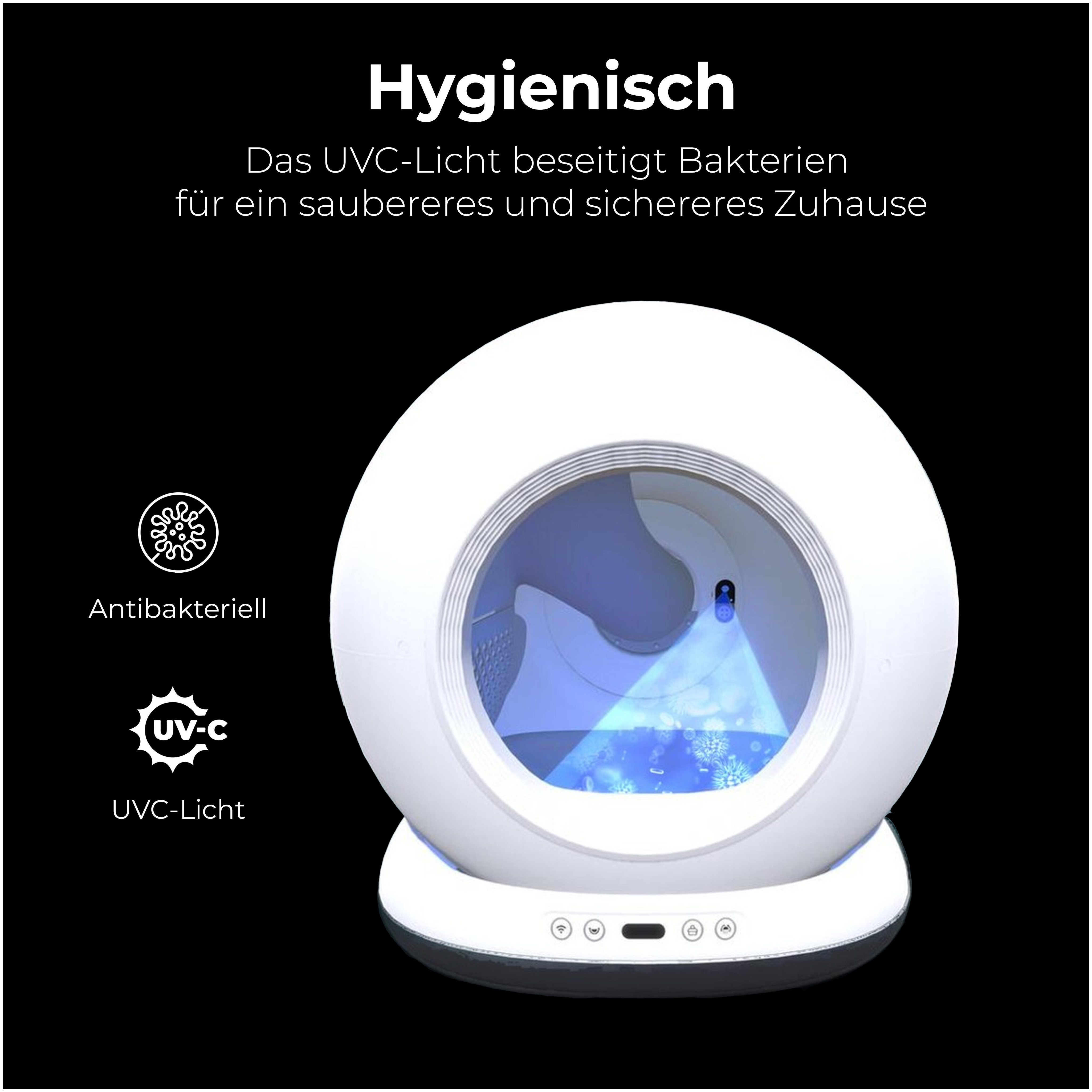 Weißer, runder Luftreiniger mit dem Text „Hygienisch“ und Symbolen für antibakterielles und UVC-Licht.