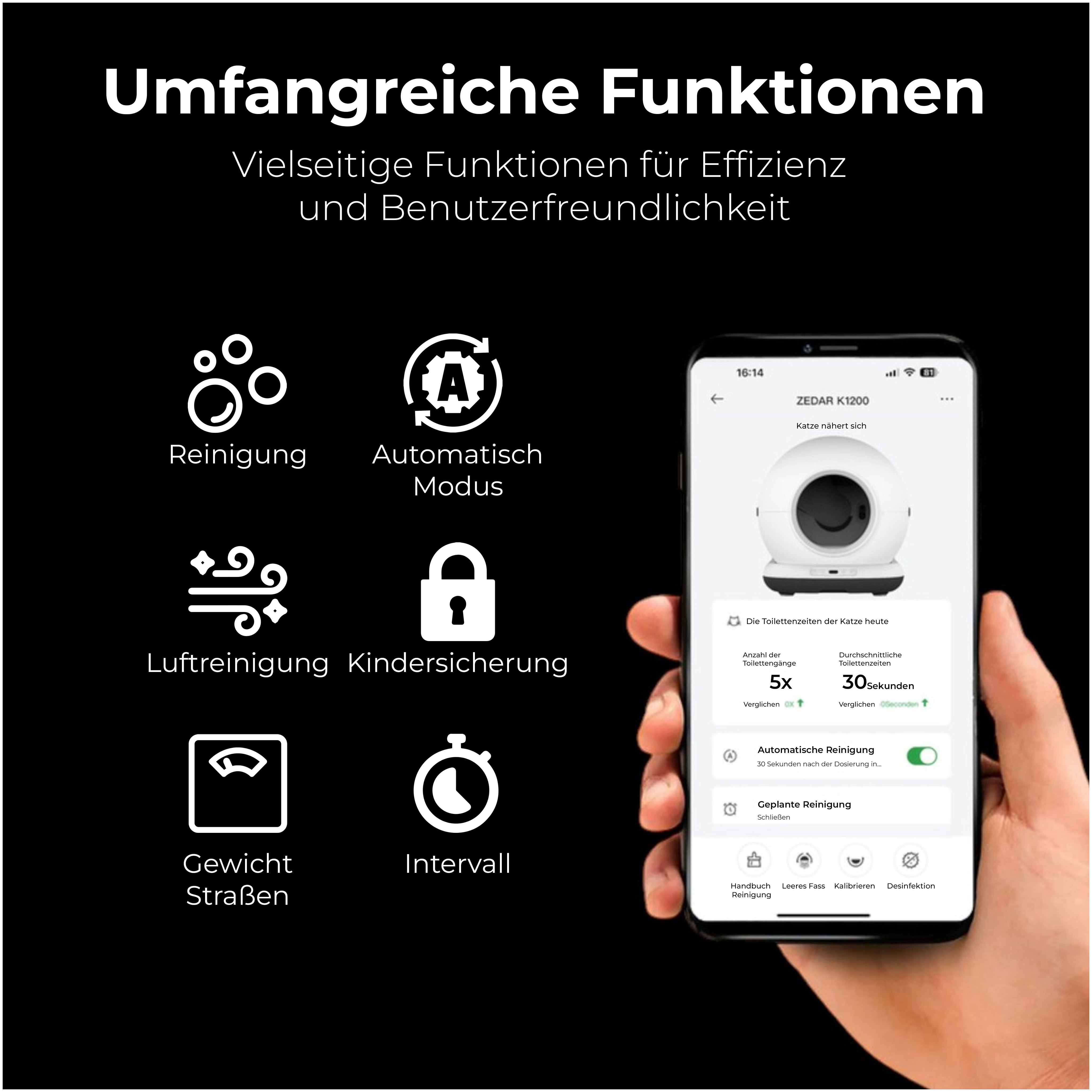 Ein Telefon zeigt Funktionen des Katzenstreukastens. Icons zeigen Reinigung, Automatikmodus und Gewicht.