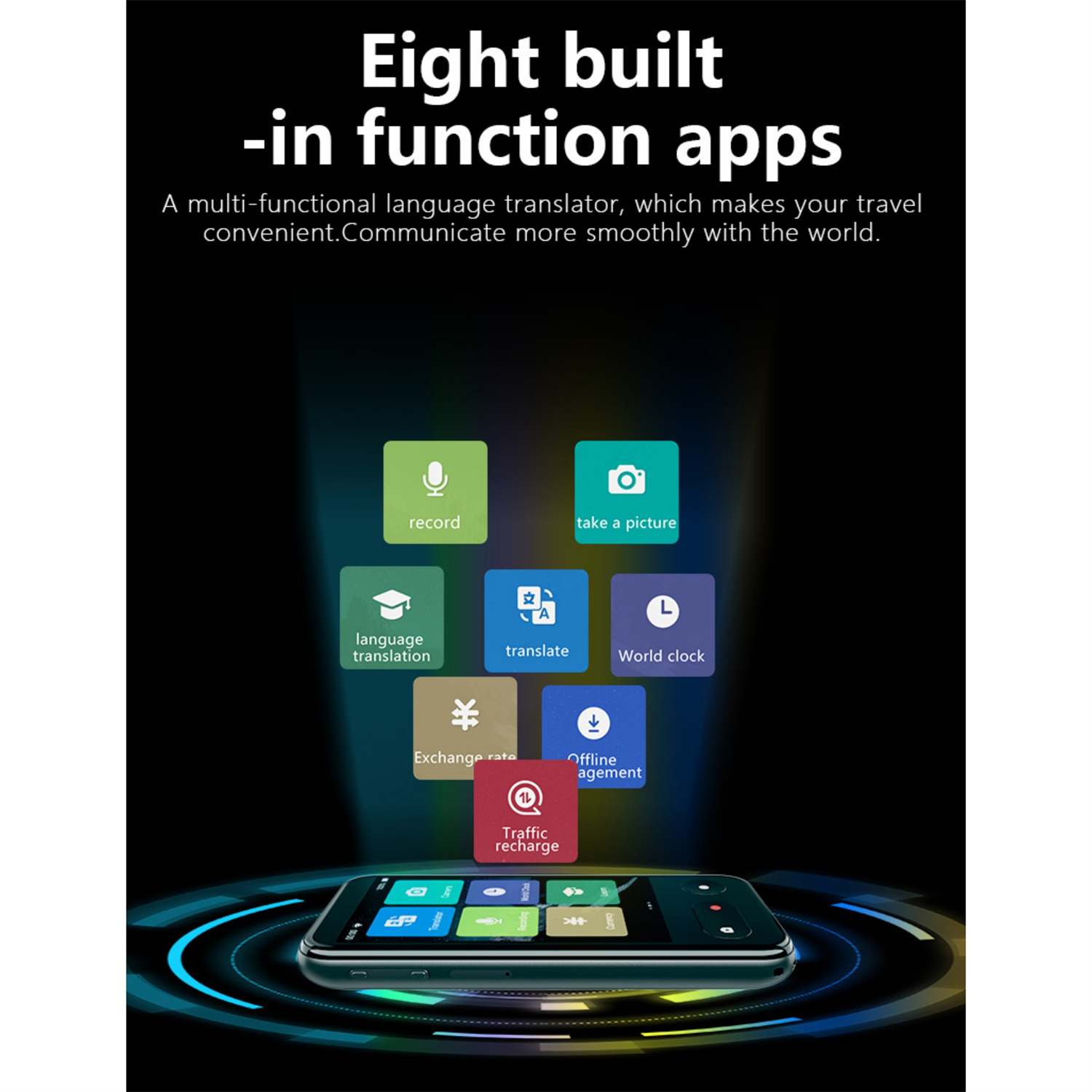 Schwarzes Gerät mit acht Apps auf dem Bildschirm. Text-Overlay: Acht integrierte Funktions-Apps.