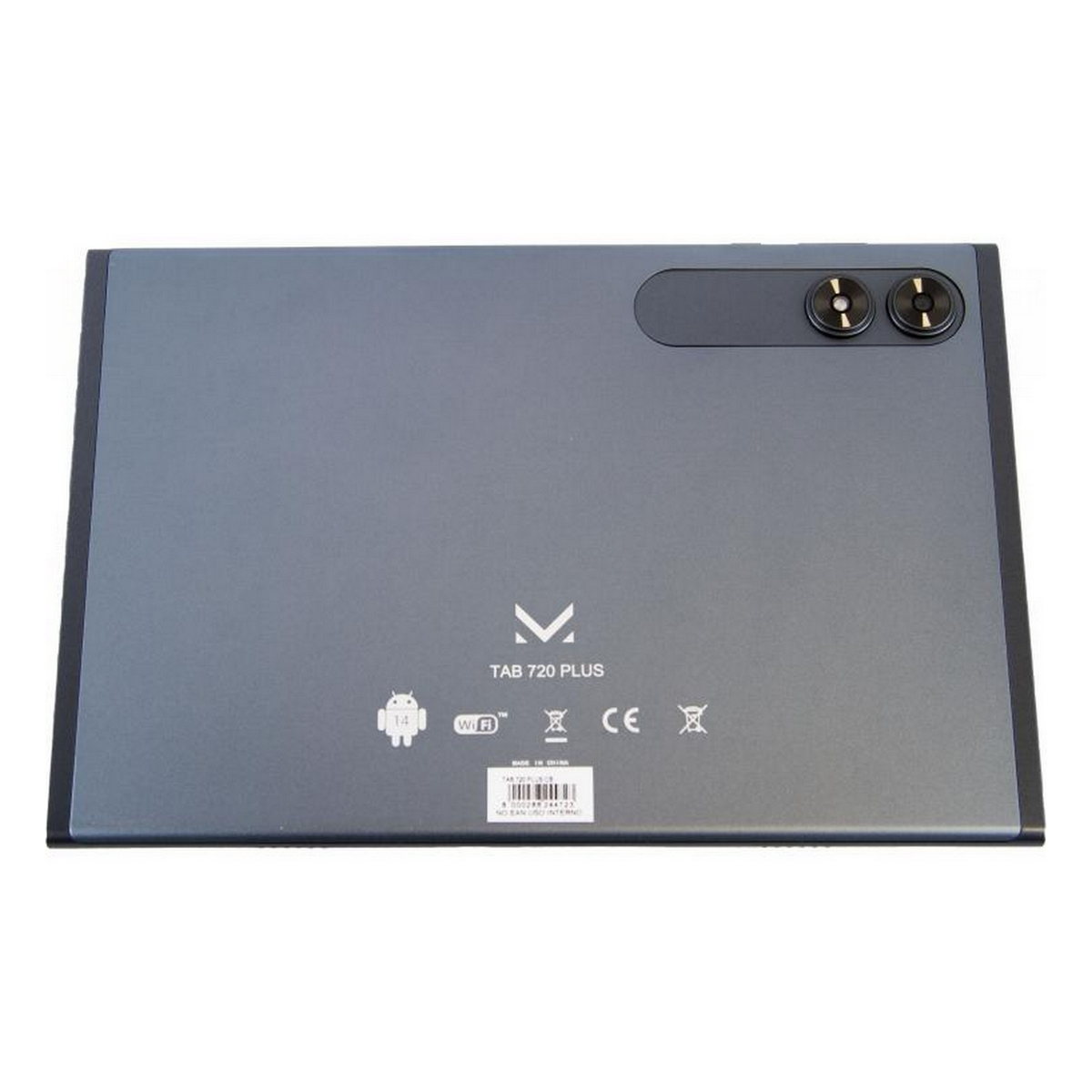 Widok z tyłu tabletu, szary z dwoma aparatami i logo. Tekst: TAB 720 PLUS, symbole Wi-Fi i CE.