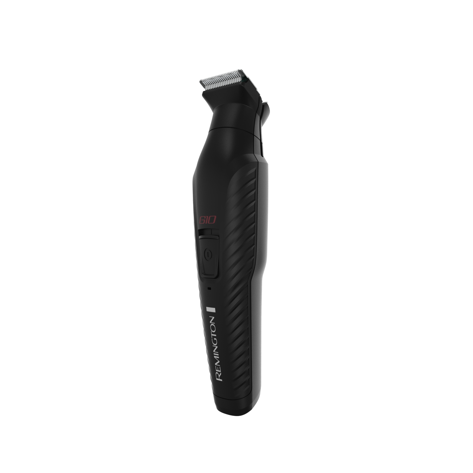 Tondeuse à barbe noire, marque Remington. Bouton marche/arrêt. Fond blanc.