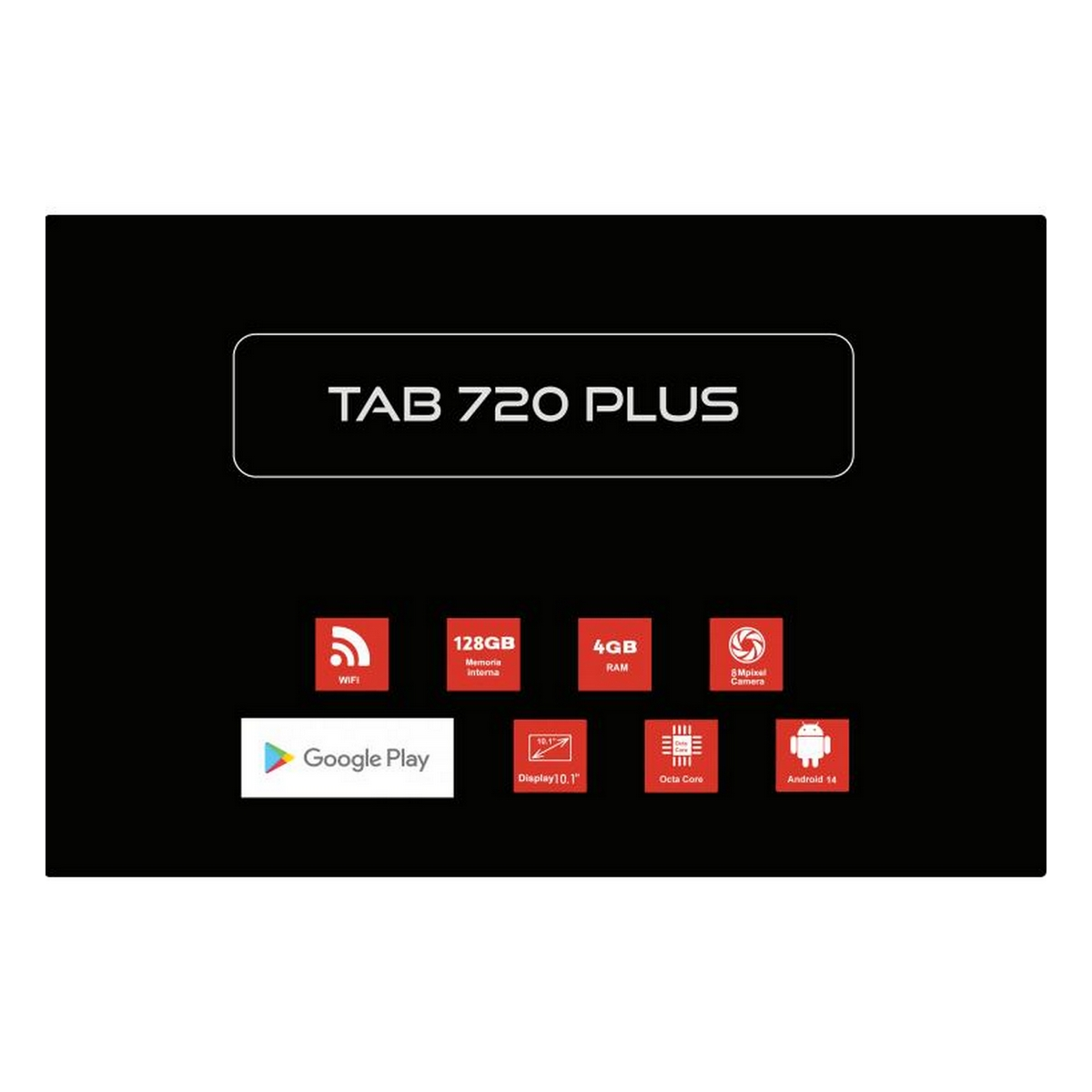 Czarny tablet z napisem "TAB 720 PLUS". Zawiera ikony Wi-Fi, pamięci, RAM i aparatu.