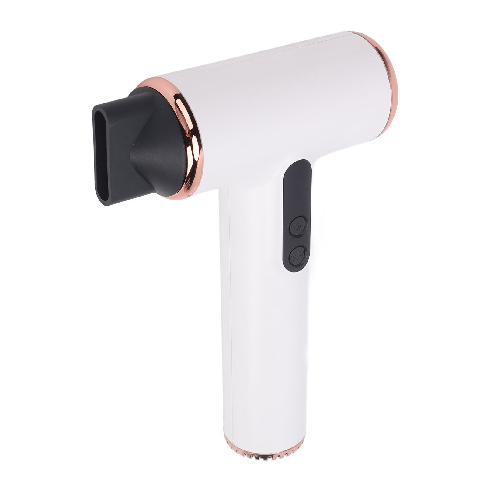 Weißer Haartrockner mit roségoldfarbenen Akzenten. Weißer Hintergrund.