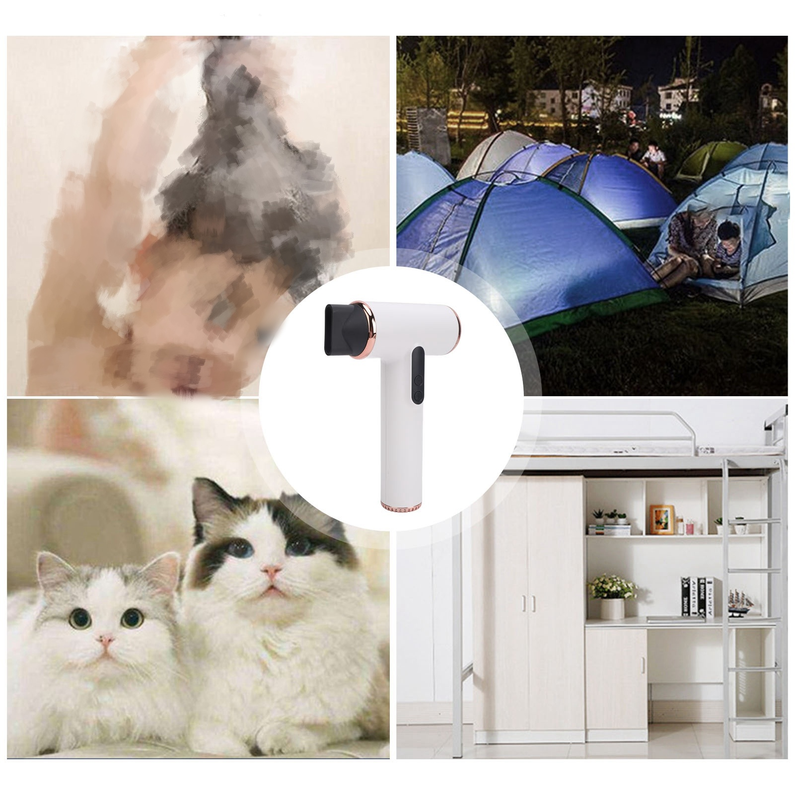 Collage von Bildern mit einem Haartrockner, Zelten bei Nacht, ein paar Katzen, ein Schlafsaal.