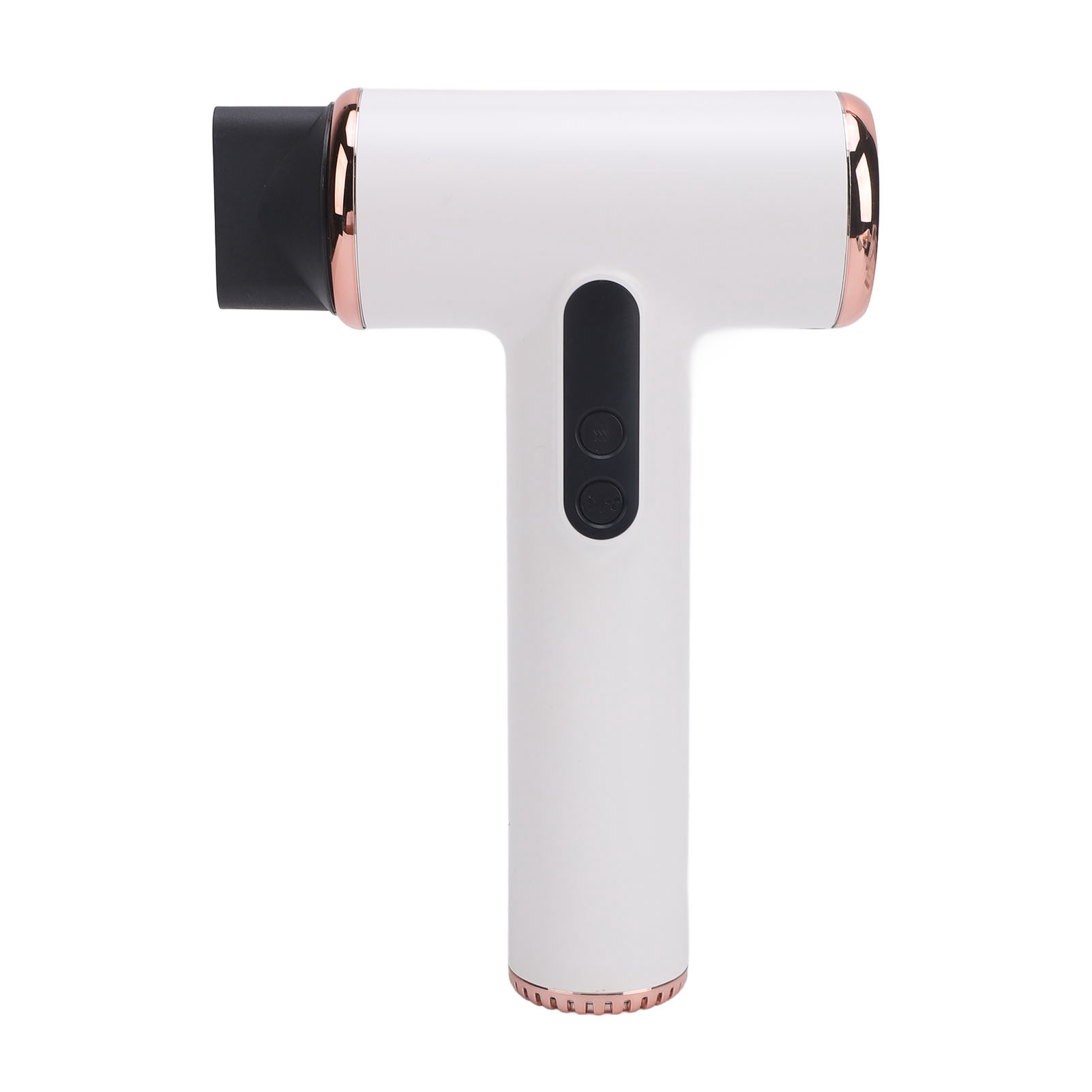 Ein weißes und roségoldfarbenes T-förmiges Gerät, wahrscheinlich ein Haarstyling-Werkzeug, vor weißem Hintergrund.