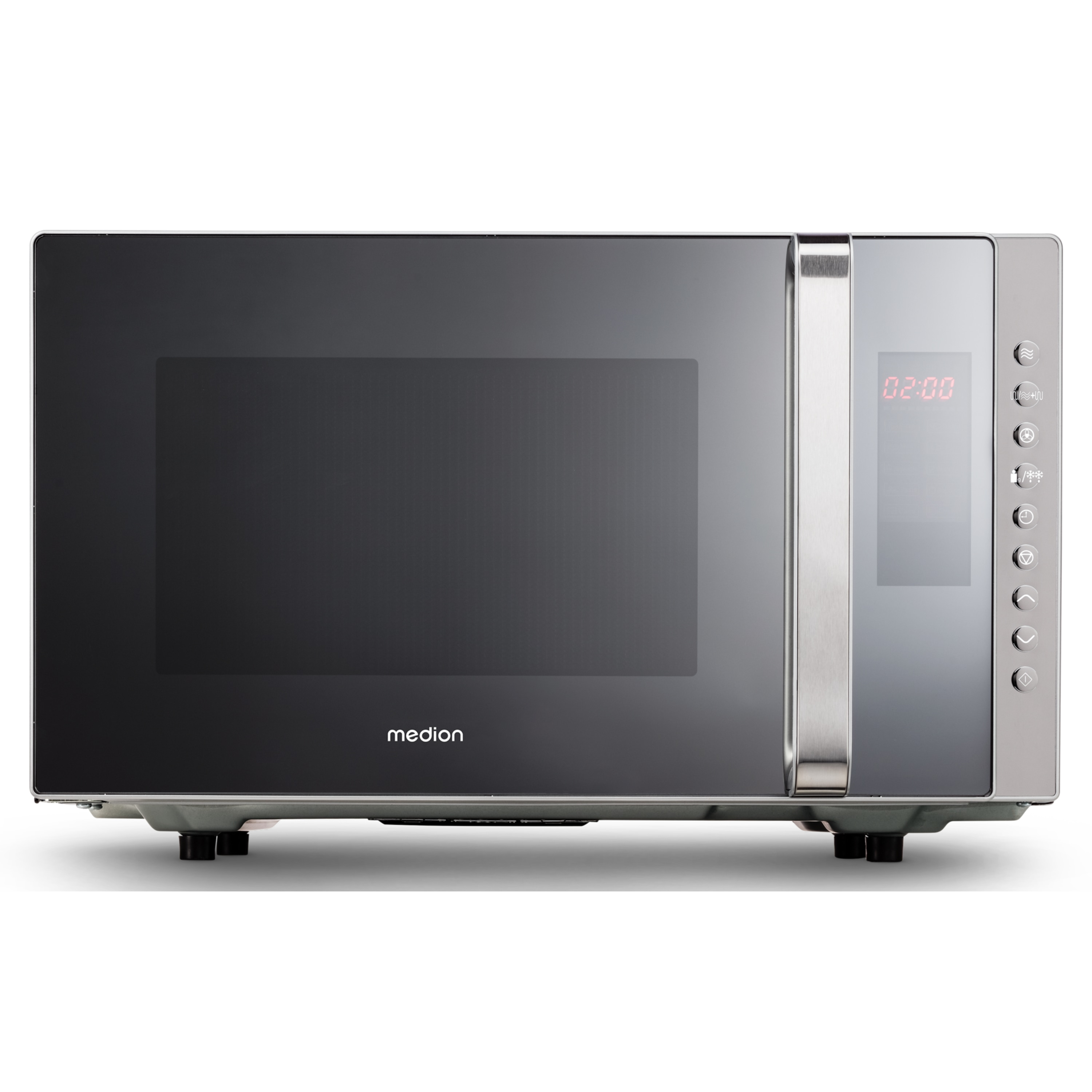 Kuchenka mikrofalowa Medion, srebrna i czarna, z cyfrowym wyświetlaczem pokazującym 02:00.