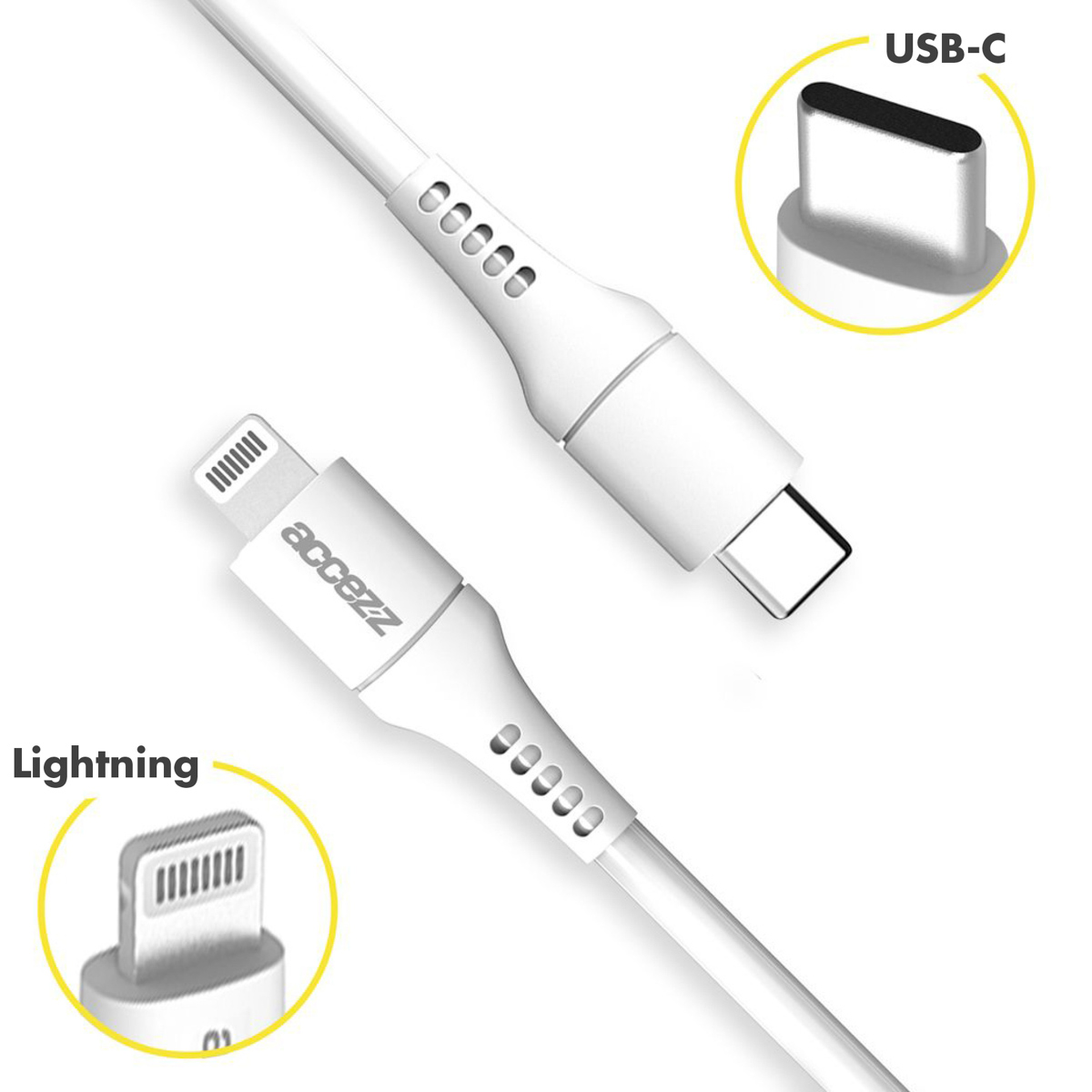 Câble USB-C vers Lightning blanc avec connecteurs aux deux extrémités, sur fond jaune.