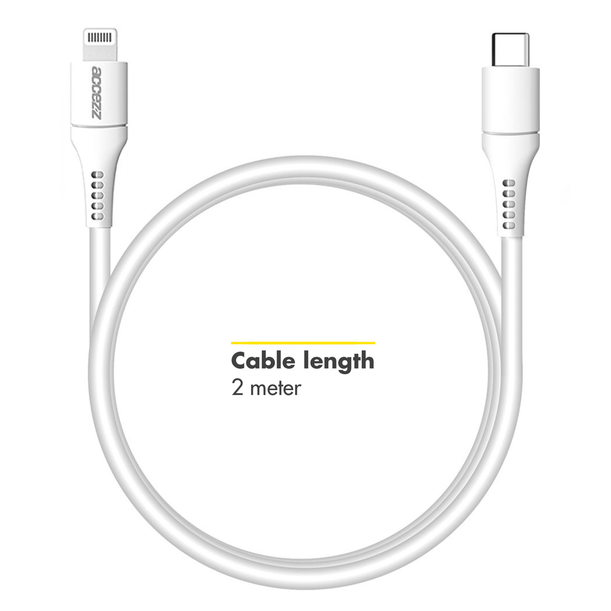 Câble de chargement blanc avec connecteurs Lightning et USB-C. La longueur du câble est de 2 mètres.