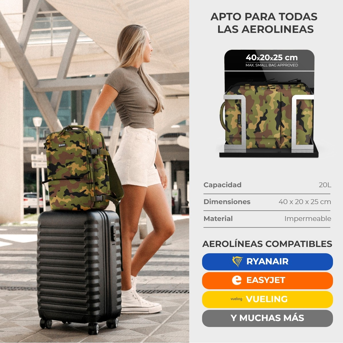 Mujer con mochila y maleta con texto para aerolíneas, incluyendo Ryanair y Easyjet.